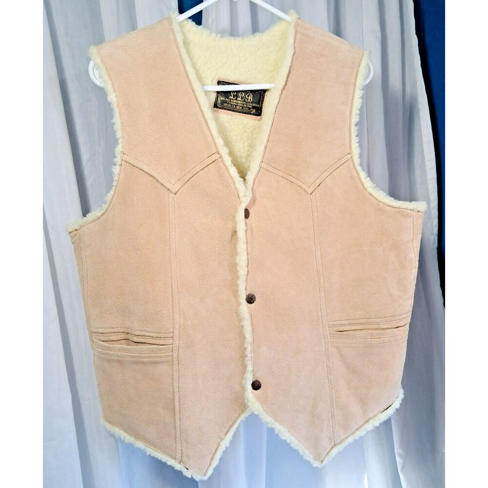 Vintage LLB Tan Cowhide Vest With Sherpa Lining, Size 42, Made in Mexico